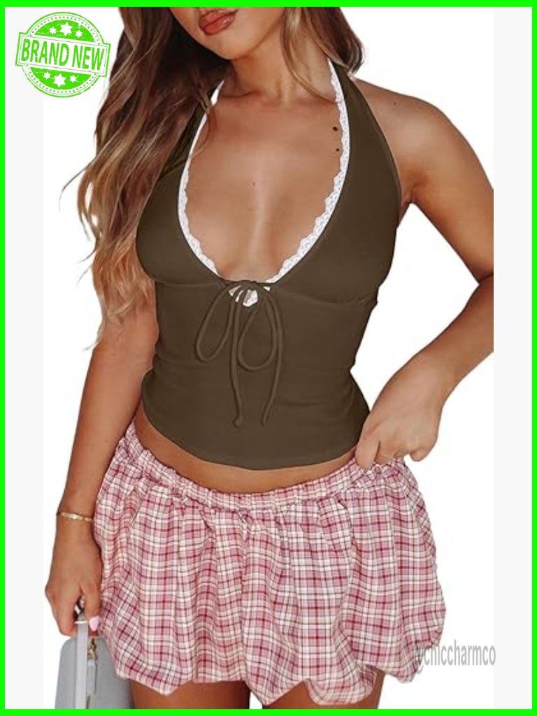 Lace Halter Tank Top Deep V Neck Backless Slim Fit Y2k Going Out Top